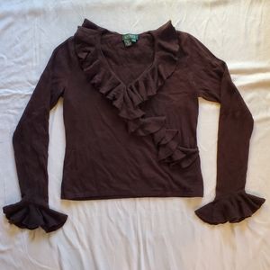 Lauren RL Brown Ruffled Silk/Cashmere Faux Wrap Sweater Size M